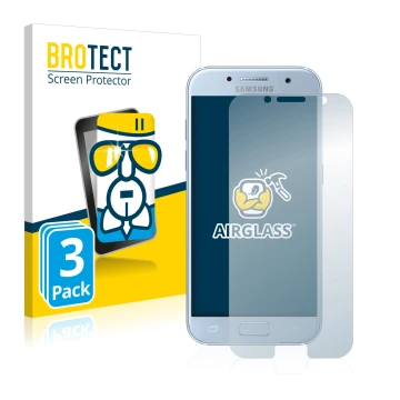 Front side of a product packaging with the brand logo BROTECT. Next to it is the device Samsung Galaxy A5 2017 shown with the 