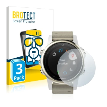 Front side of a product packaging with the brand logo BROTECT. Next to it is the device Garmin Fenix 5S (42 mm) shown with the