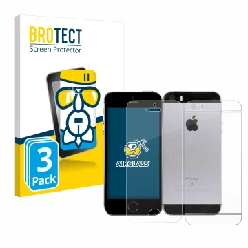 Front side of a product packaging with the brand logo BROTECT. Next to it is the device Apple iPhone SE 2016 (Front+Back) show