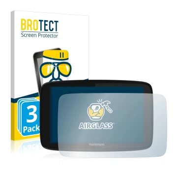 Front side of a product packaging with the brand logo BROTECT. Next to it is the device TomTom GO 520 shown with the correspon