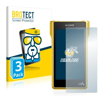 Front side of a product packaging with the brand logo BROTECT. Next to it is the device Sony Walkman NW-WM1A shown with the co