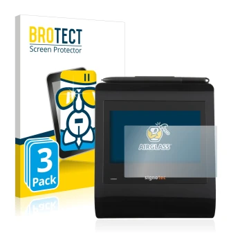 Front side of a product packaging with the brand logo BROTECT. Next to it is the device Signotec Signature Pad Gamma shown wit