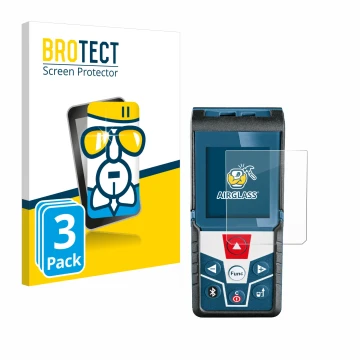 Front side of a product packaging with the brand logo BROTECT. Next to it is the device Bosch GLM 50 C Professional shown with