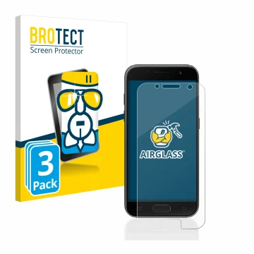 Front side of a product packaging with the brand logo BROTECT. Next to it is the device Samsung Galaxy A3 2017 shown with the 