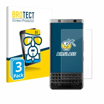 Front side of a product packaging with the brand logo BROTECT. Next to it is the device BlackBerry Keyone shown with the corre
