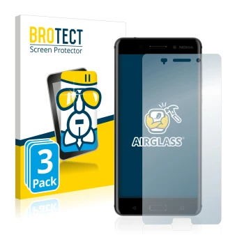 Front side of a product packaging with the brand logo BROTECT. Next to it is the device Nokia 6 2017 shown with the correspond
