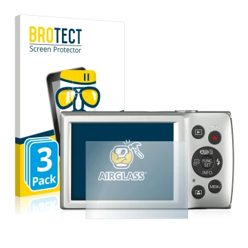 Front side of a product packaging with the brand logo BROTECT. Next to it is the device Canon Digital Ixus 185 shown with the 