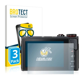 Front side of a product packaging with the brand logo BROTECT. Next to it is the device Canon PowerShot G9 X Mark II shown wit