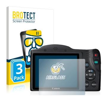 Front side of a product packaging with the brand logo BROTECT. Next to it is the device Canon PowerShot SX430 IS shown with th