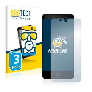 Front side of a product packaging with the brand logo BROTECT. Next to it is the device Wileyfox Swift 2X shown with the corre