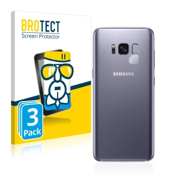 Front side of a product packaging with the brand logo BROTECT. Next to it is the device Samsung Galaxy S8 (ONLY Camera Lens) s