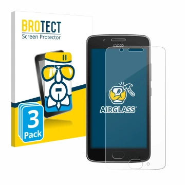 Front side of a product packaging with the brand logo BROTECT. Next to it is the device Motorola Moto G5 shown with the corres