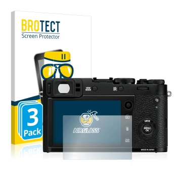 Front side of a product packaging with the brand logo BROTECT. Next to it is the device Fujifilm X100F shown with the correspo
