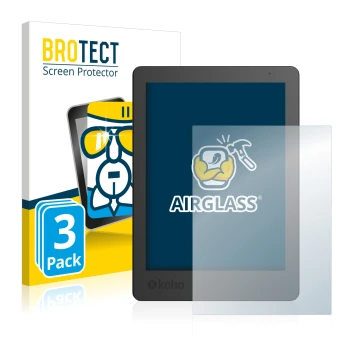 Front side of a product packaging with the brand logo BROTECT. Next to it is the device Kobo Aura Edition 2 shown with the cor