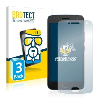 Front side of a product packaging with the brand logo BROTECT. Next to it is the device Motorola Moto G5 Plus shown with the c