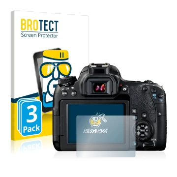 Front side of a product packaging with the brand logo BROTECT. Next to it is the device Canon EOS 77D shown with the correspon