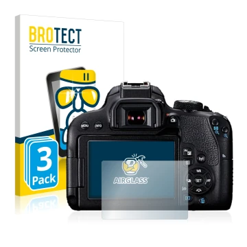 Front side of a product packaging with the brand logo BROTECT. Next to it is the device Canon EOS 800D shown with the correspo