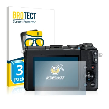 Front side of a product packaging with the brand logo BROTECT. Next to it is the device Canon EOS M6 shown with the correspond