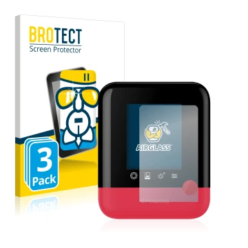 Front side of a product packaging with the brand logo BROTECT. Next to it is the device Polaroid Pop shown with the correspond