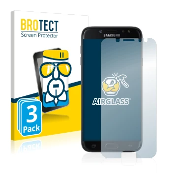 Front side of a product packaging with the brand logo BROTECT. Next to it is the device Samsung Galaxy J7 2017 shown with the 