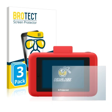 Front side of a product packaging with the brand logo BROTECT. Next to it is the device Polaroid Snap Touch shown with the cor