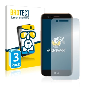 Front side of a product packaging with the brand logo BROTECT. Next to it is the device LG K10 2017 shown with the correspondi