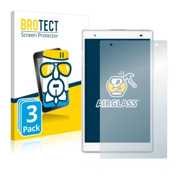 Front side of a product packaging with the brand logo BROTECT. Next to it is the device Lenovo Tab 4 8 Plus shown with the cor