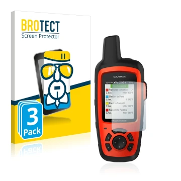 Front side of a product packaging with the brand logo BROTECT. Next to it is the device Garmin inReach Explorer+ shown with th