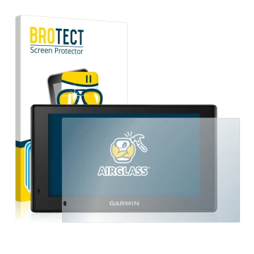 Front side of a product packaging with the brand logo BROTECT. Next to it is the device Garmin DriveSmart 51 LMT-D shown with 