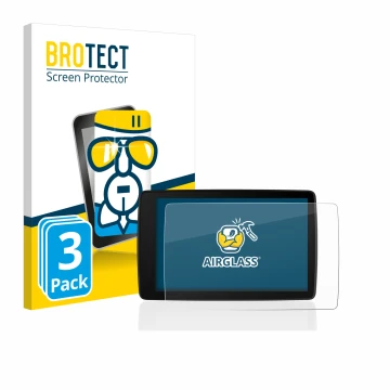 Front side of a product packaging with the brand logo BROTECT. Next to it is the device BMW Motorrad Navigator VI shown with t