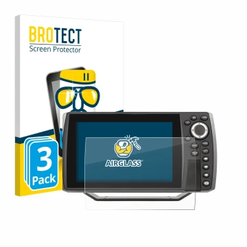 Front side of a product packaging with the brand logo BROTECT. Next to it is the device Humminbird Helix 7 shown with the corr