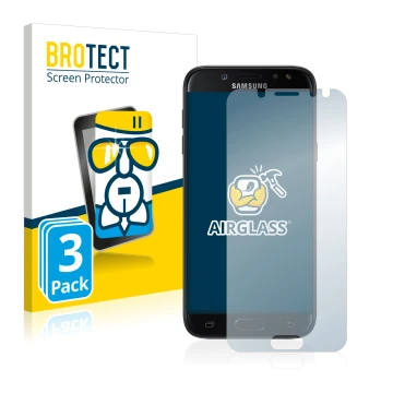 Front side of a product packaging with the brand logo BROTECT. Next to it is the device Samsung Galaxy J5 2017 shown with the 