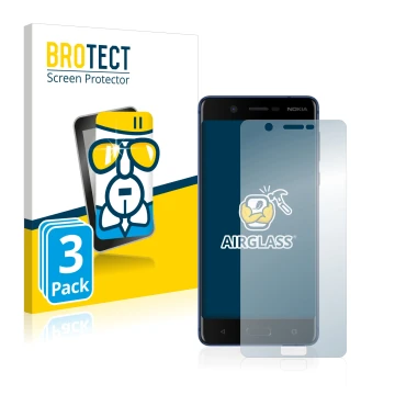 Front side of a product packaging with the brand logo BROTECT. Next to it is the device Nokia 5 shown with the corresponding s