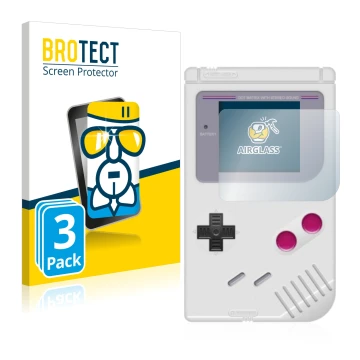 Front side of a product packaging with the brand logo BROTECT. Next to it is the device Nintendo Gameboy (1989) shown with the