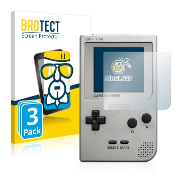 Front side of a product packaging with the brand logo BROTECT. Next to it is the device Nintendo Gameboy Pocket shown with the