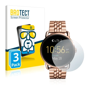 Front side of a product packaging with the brand logo BROTECT. Next to it is the device Fossil Q Wander shown with the corresp