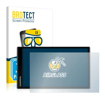 Front side of a product packaging with the brand logo BROTECT. Next to it is the device Garmin Camper 770 LMT-D shown with the