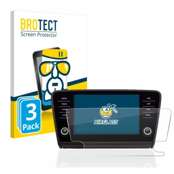 Front side of a product packaging with the brand logo BROTECT. Next to it is the device Skoda Octavia 2017 Infotainment System
