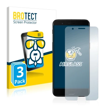 Front side of a product packaging with the brand logo BROTECT. Next to it is the device OnePlus 5 shown with the corresponding