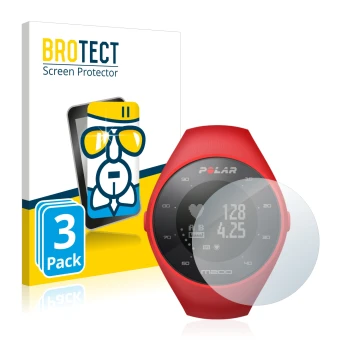 Front side of a product packaging with the brand logo BROTECT. Next to it is the device Polar M200 shown with the correspondin