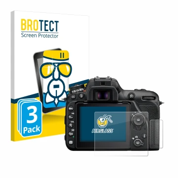 Front side of a product packaging with the brand logo BROTECT. Next to it is the device Nikon D7500 shown with the correspondi