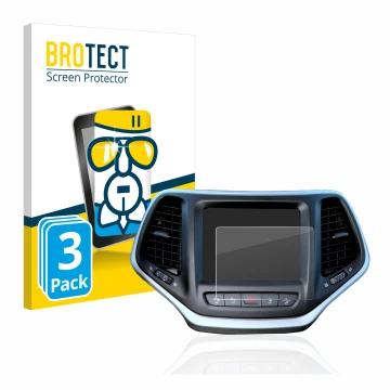 Front side of a product packaging with the brand logo BROTECT. Next to it is the device Jeep Cherokee Uconnect 8.4