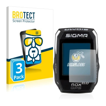 Front side of a product packaging with the brand logo BROTECT. Next to it is the device Sigma ROX GPS 11.0 shown with the corr