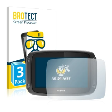 Front side of a product packaging with the brand logo BROTECT. Next to it is the device TomTom Rider 450 shown with the corres