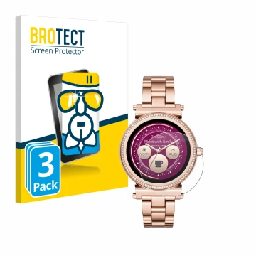 Front side of a product packaging with the brand logo BROTECT. Next to it is the device Michael Kors Access Sofie shown with t