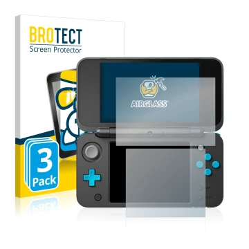 Front side of a product packaging with the brand logo BROTECT. Next to it is the device Nintendo 2DS XL shown with the corresp