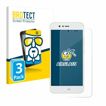 Front side of a product packaging with the brand logo BROTECT. Next to it is the device Huawei Nova 2 shown with the correspon