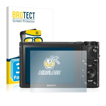 Front side of a product packaging with the brand logo BROTECT. Next to it is the device Sony Cyber-Shot DSC-RX100 V shown with