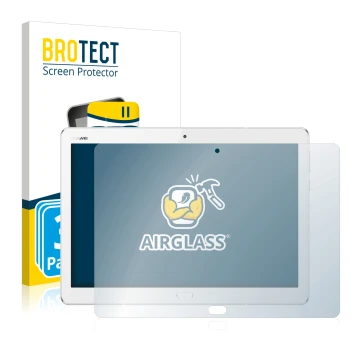 Front side of a product packaging with the brand logo BROTECT. Next to it is the device Huawei MediaPad M3 Lite 10.1 shown wit