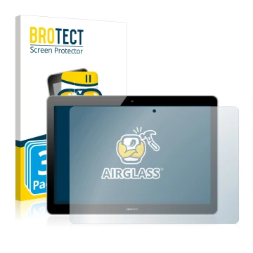 Front side of a product packaging with the brand logo BROTECT. Next to it is the device Huawei MediaPad T3 10 shown with the c